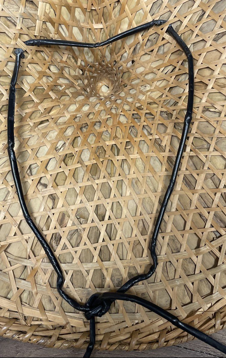 Vintage Tan Woven Bamboo Asian Conical Rice Farmer Sun Hat Large