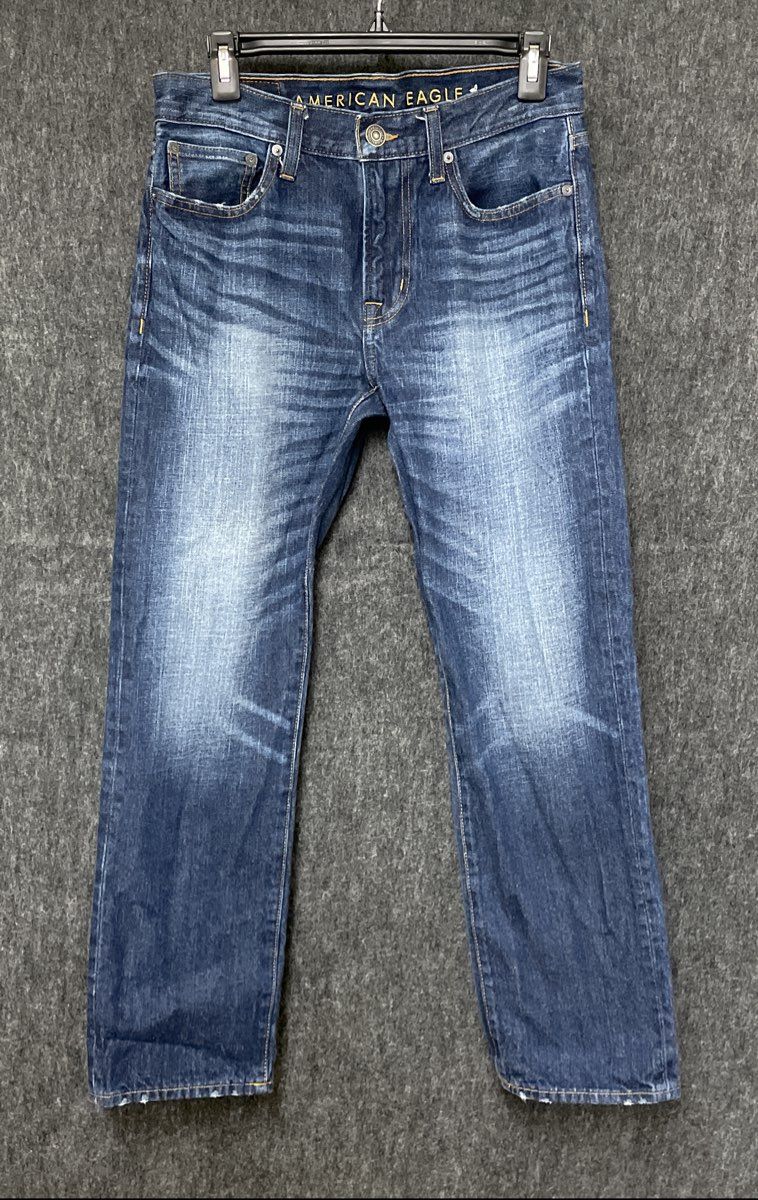 American Eagle Men's Dark Wash Distressed Faded Whiskered Cotton Jeans Sz 29x30