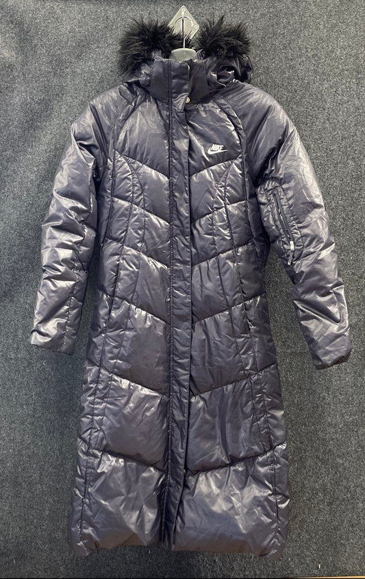 Nike Women's Long Puffer Parka Coat Navy Blue Down Filled Faux Fur Hood Sz M