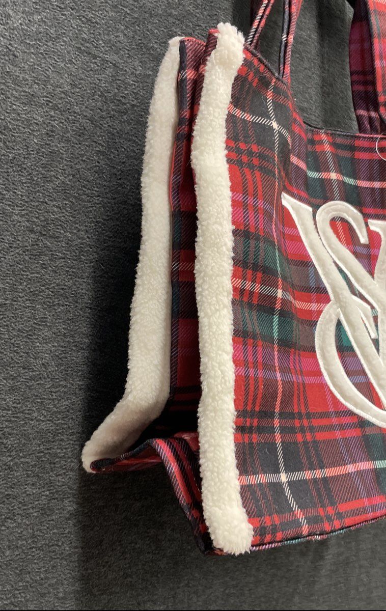 Victoria's Secret Red Plaid Sherpa Trim VS Logo Tote Bag NWT