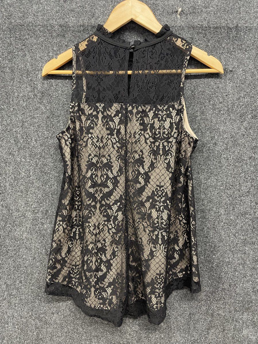 Fortune + Ivy Women's Bellah Lace Blouse Black Tan Mock Neck Sleeveless Sz M