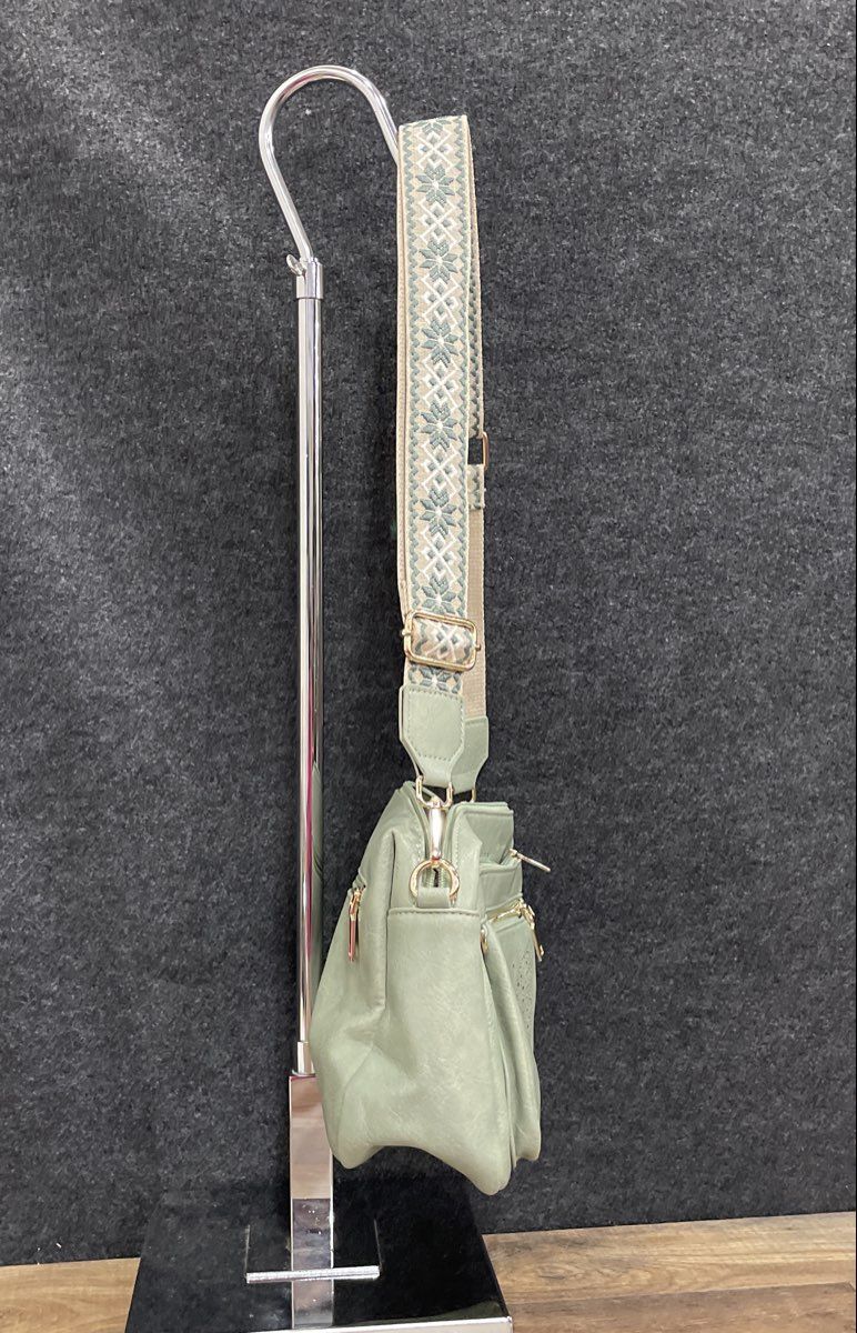 Kiteviun Sage Green Leather Butterfly Perforated Crossbody Bag Gold Hardware