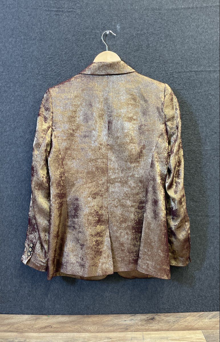 Bar III Women's Blazer Metallic Gold Burgundy Distressed Crest Button Sz 6