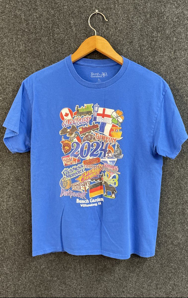 2024 Busch Gardens Williamsburg Ride Collage Theme Park T-Shirt Sz L