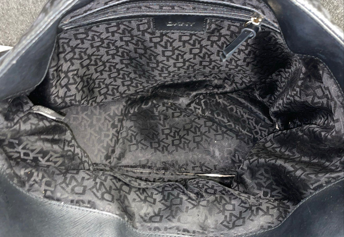 DKNY Black Monogram Logo Jacquard Tote Bag Large Silver Hardware