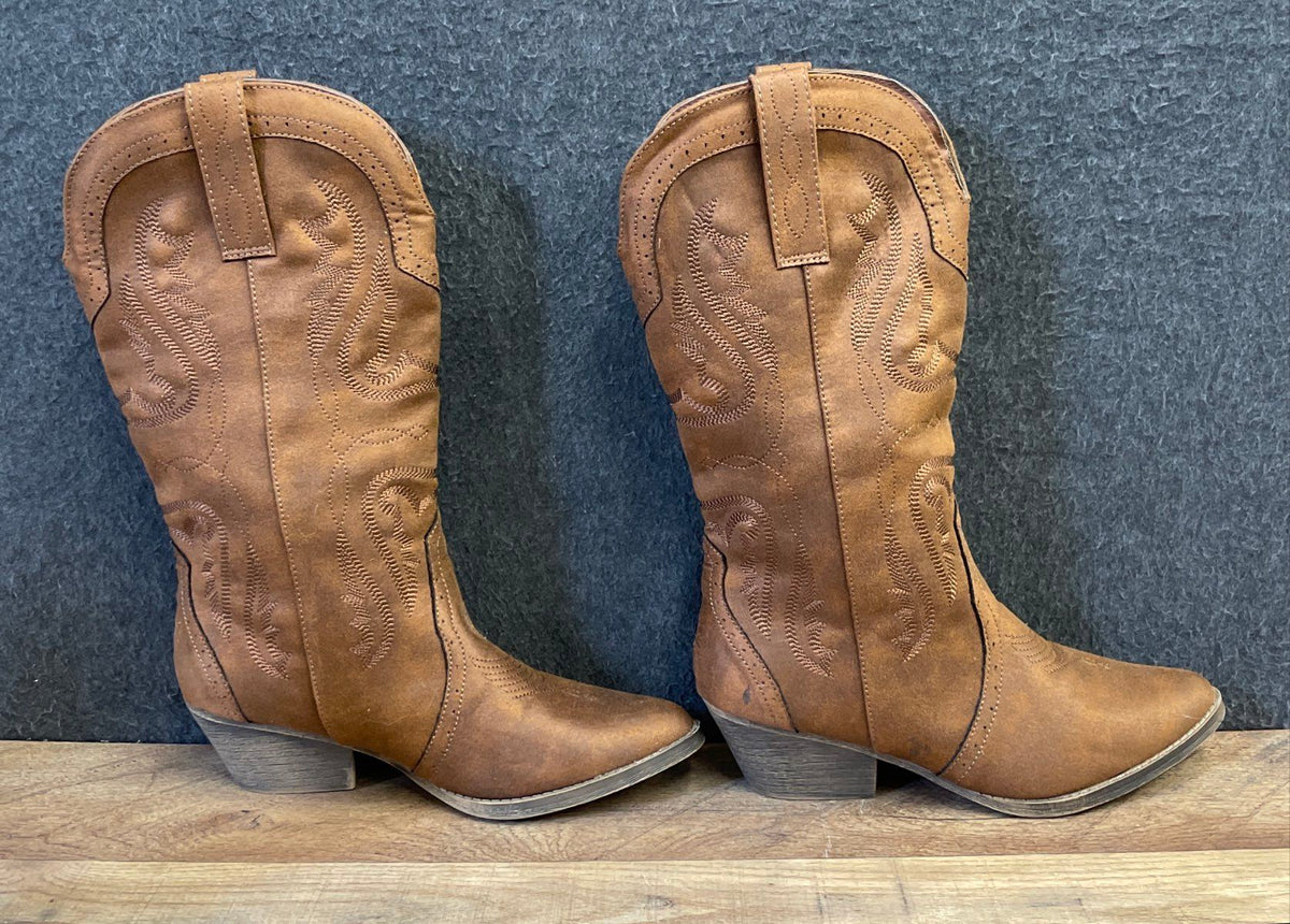 Celia Women's Brown Western Cowboy Boots Embroidered Mid-Calf Pointed Toe