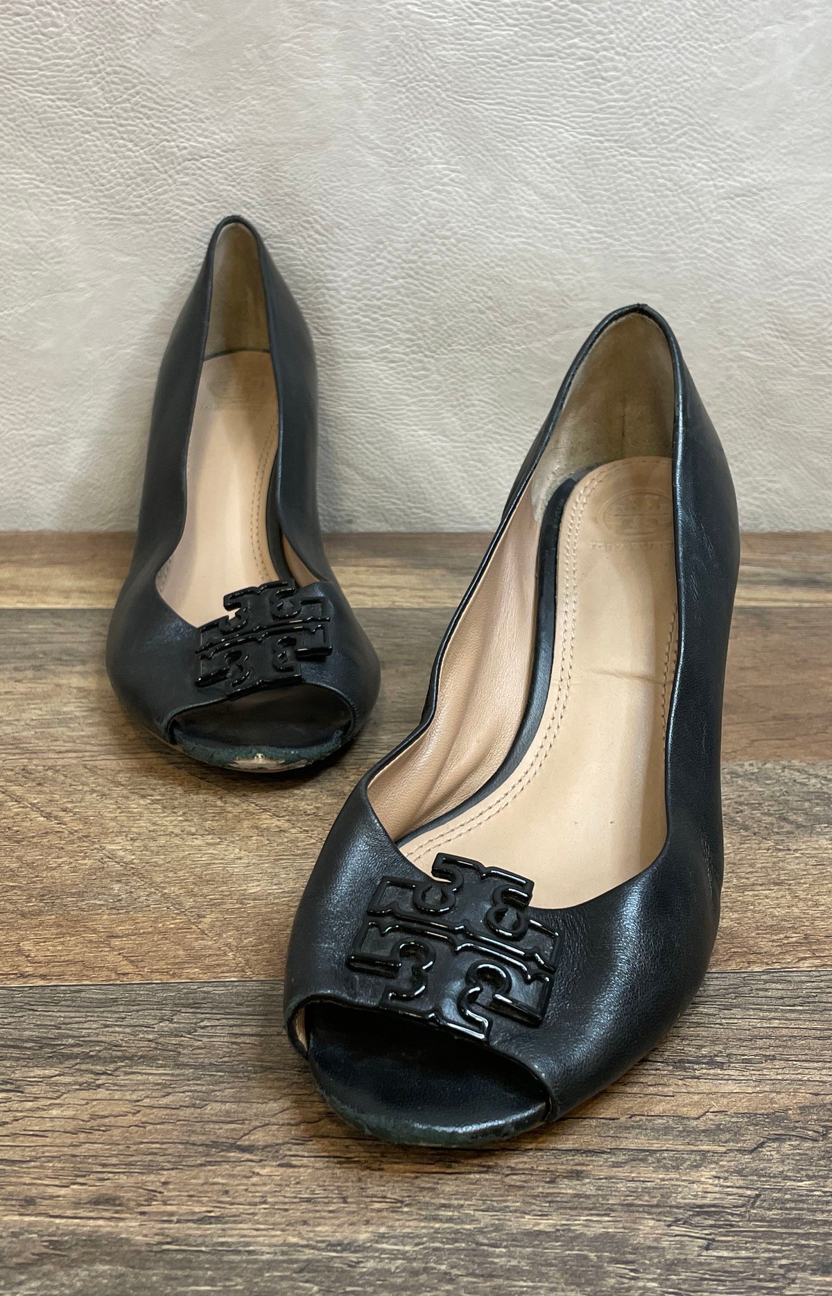Tory Burch Black Leather Peep Toe Wedge Heels Women's Size 9.5 M