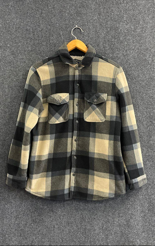 Freedom Foundry Men's Sherpa Lined Flannel Shirt Jacket Black Tan Plaid Size M