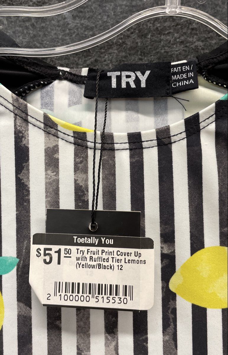 TRY Women's Lemon Print Cover Up Dress Black White Ruffled Hem NWT Sz 12
