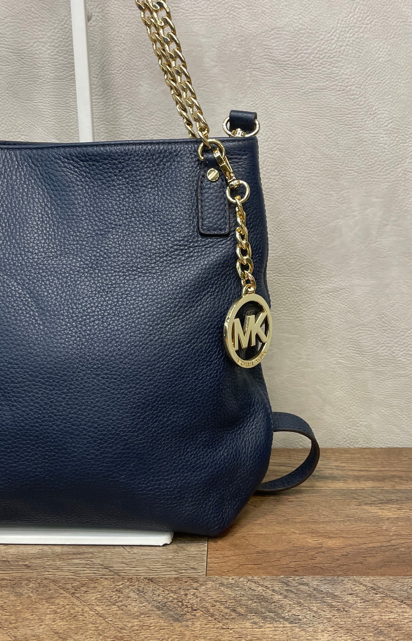 Michael Kors Navy Blue Pebbled Leather Shoulder Bag Gold Chain Link Hardware
