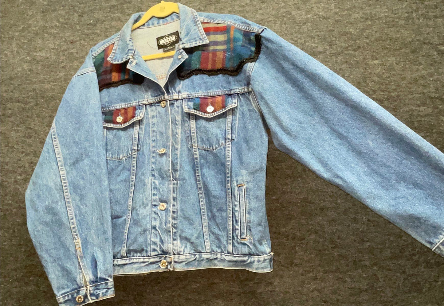 Vintage 90s Braetan Women's Denim Jacket Blue Plaid Wool Trim Western Sz L