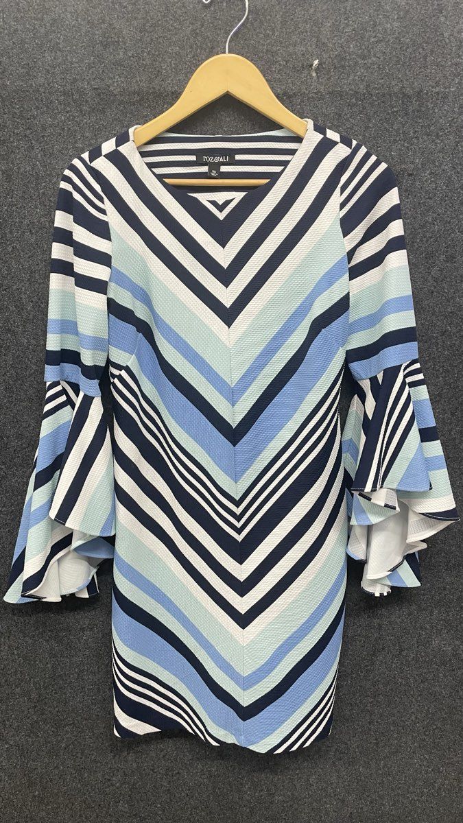 Roz & Ali Women's Blue White Chevron Stripe Tiered Bell Sleeve Dress Sz XS