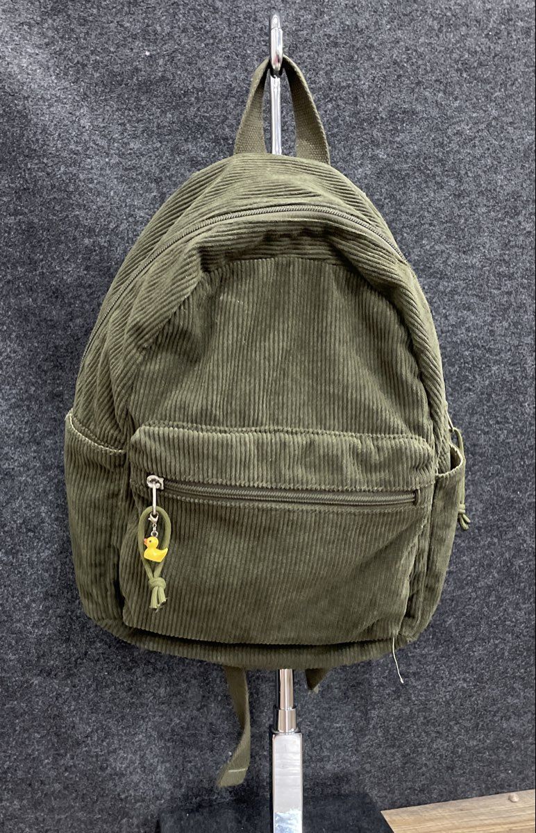 Olive Green Corduroy Backpack Small School Bag Everyday Rucksack Duck Charm