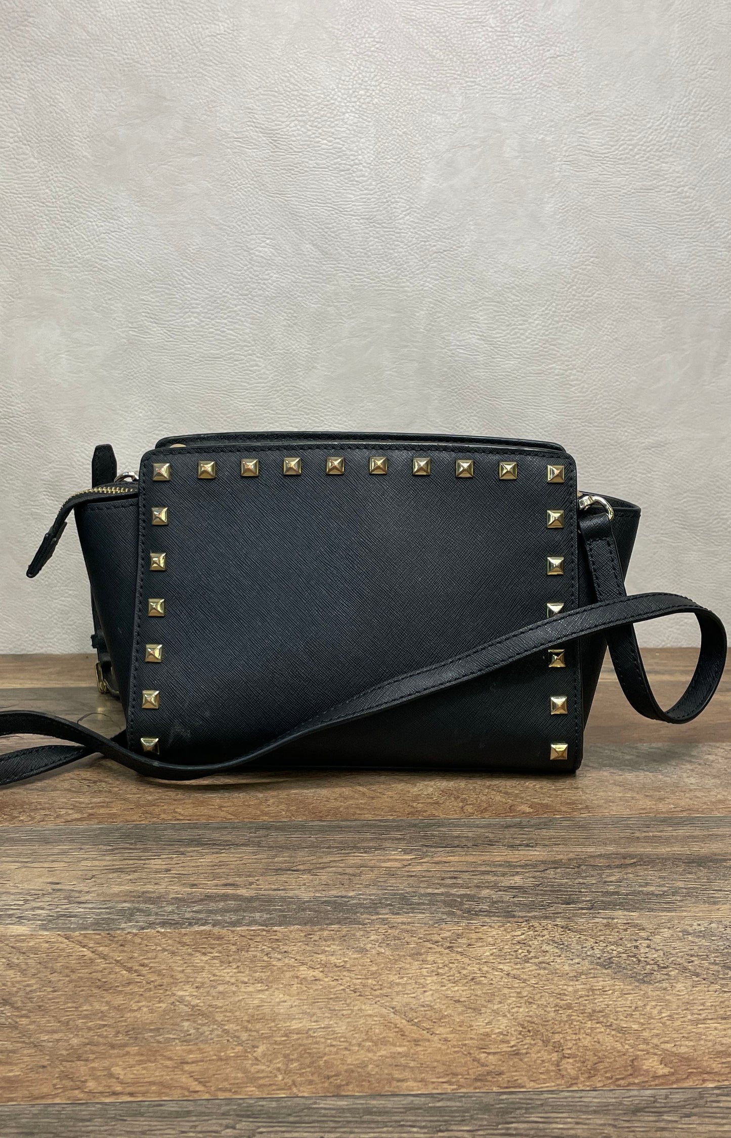 Michael Kors Black Saffiano Leather Studded Selma Messenger Crossbody Bag Gold