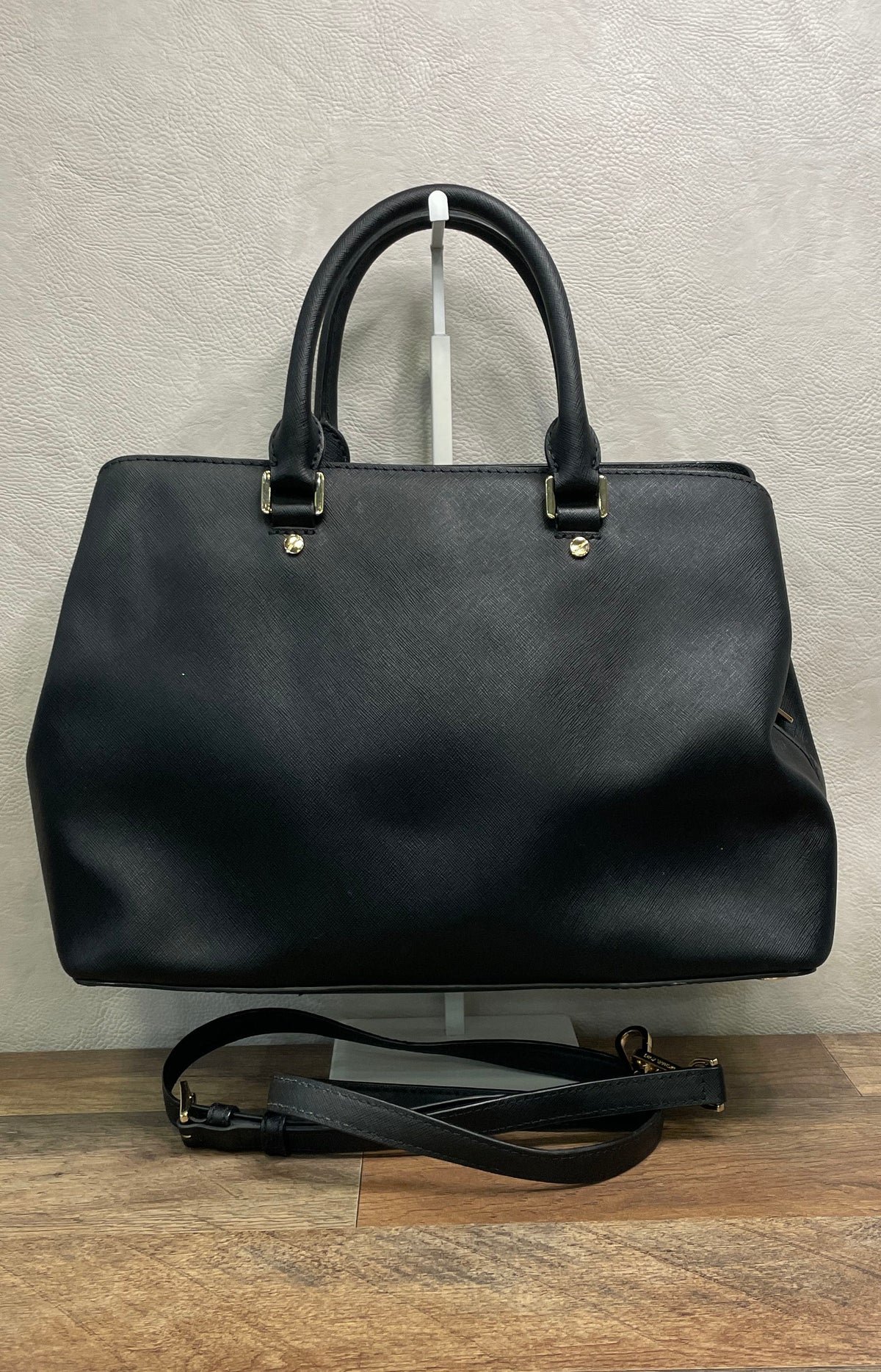 Michael Kors Black Saffiano Leather Medium Selma Satchel Crossbody Bag Gold