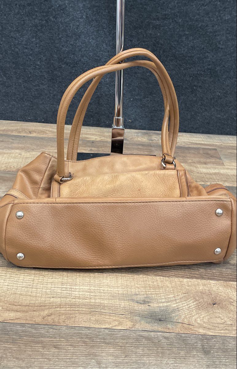 Liz Claiborne Tan Pebbled Leather Satchel Tote Bag Large Turn Lock Brown