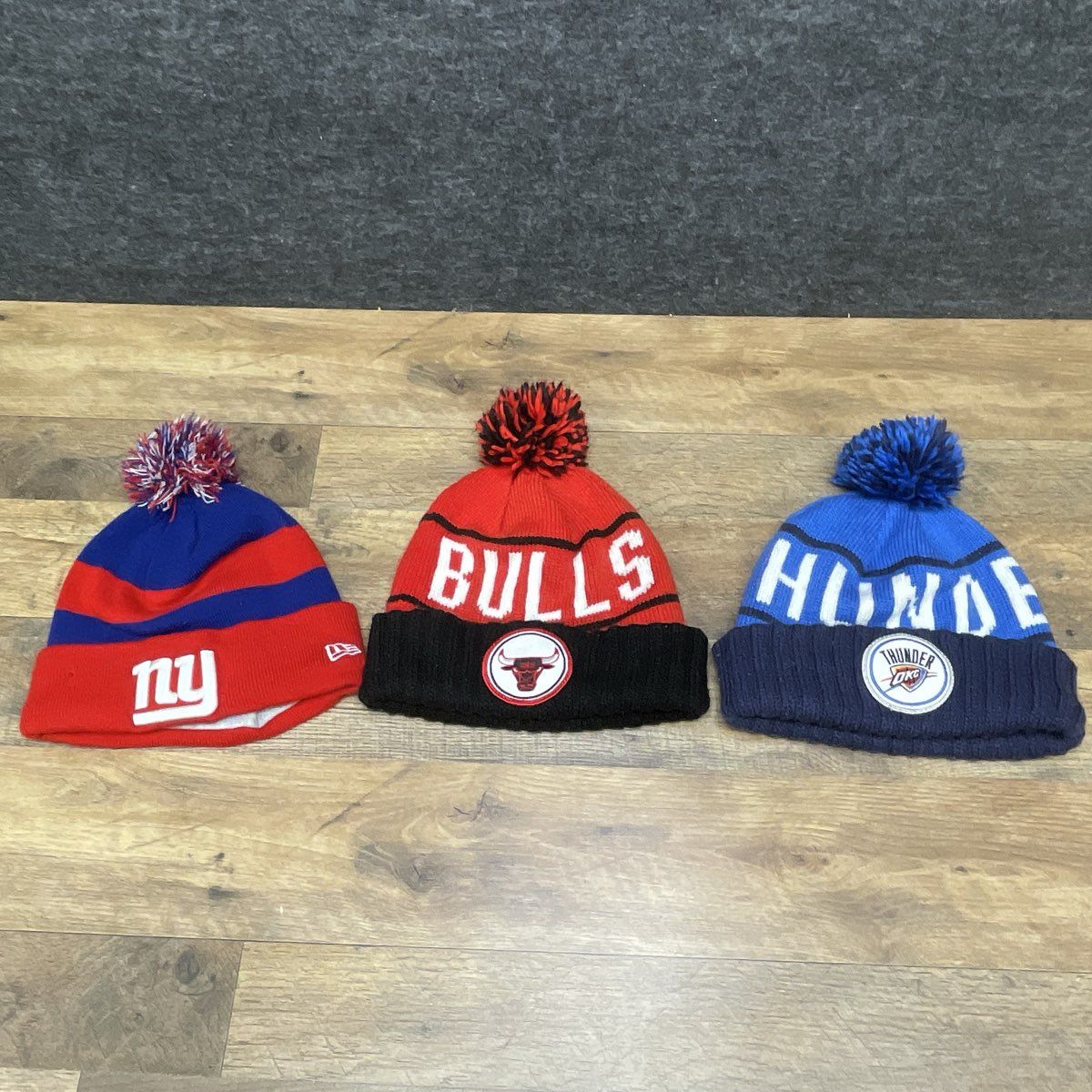 Lot of 3 New Era Mitchell & Ness NFL NBA Pom Pom Beanie Hat One Size