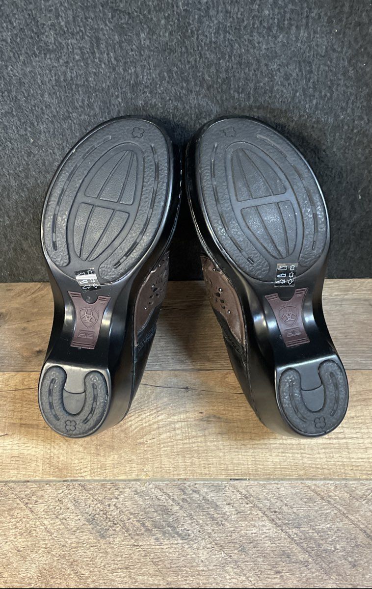Ariat Black Brown Leather Laser Cut Floral Slip-On Clogs Women's Size 7B