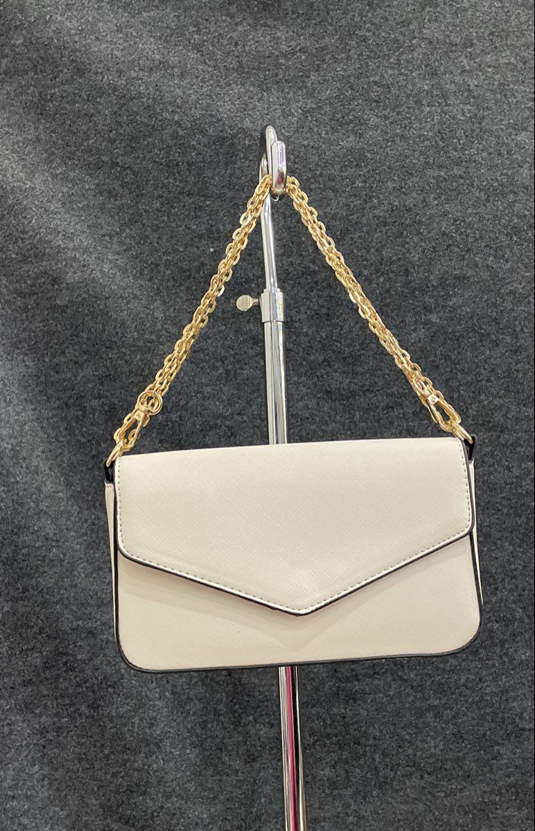 White Leather Envelope Mini Purse Shoulder Bag Triple Gold Chain Strap