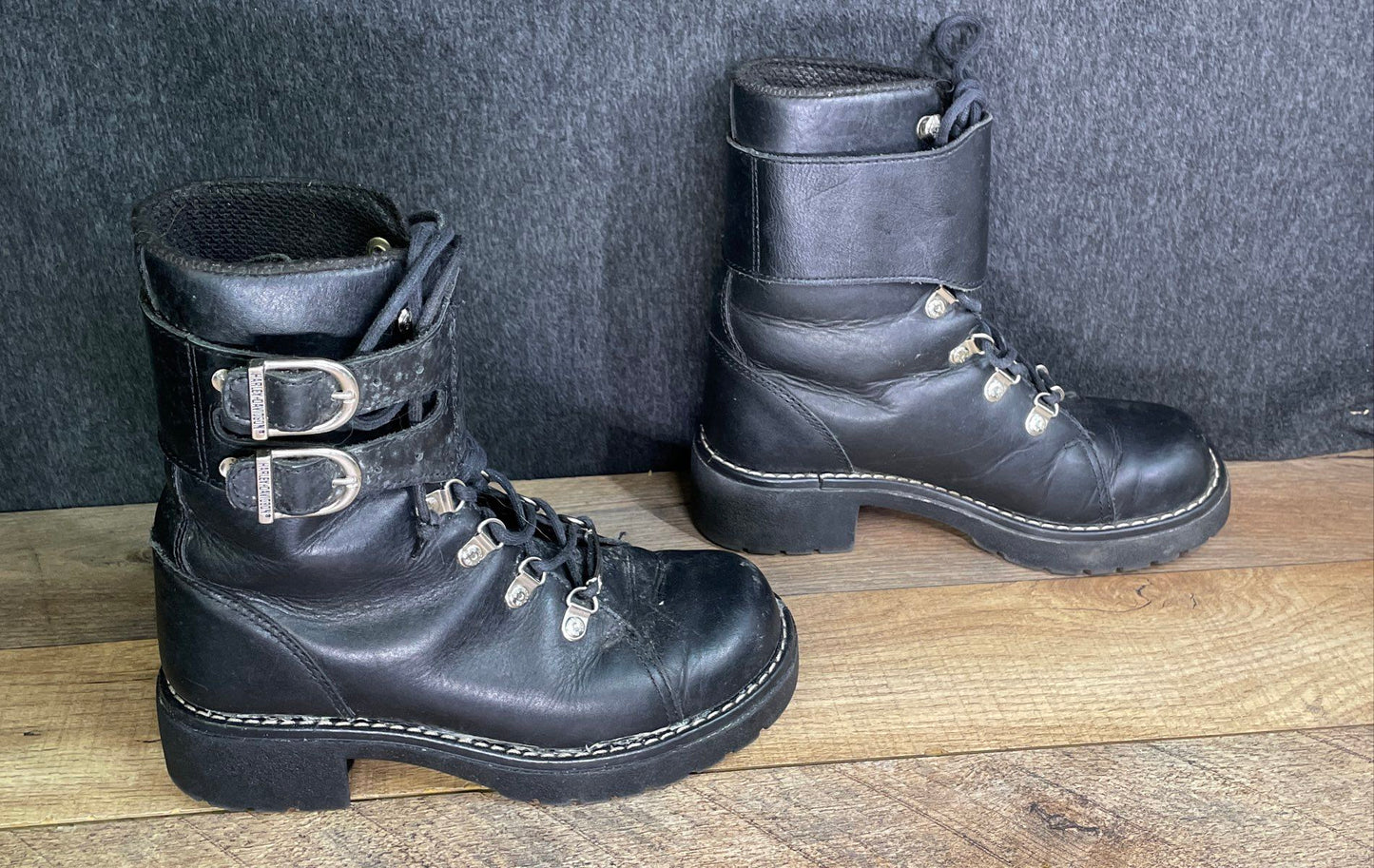 Harley Davidson Black Leather Double Buckle Motorcycle Boots Size 6