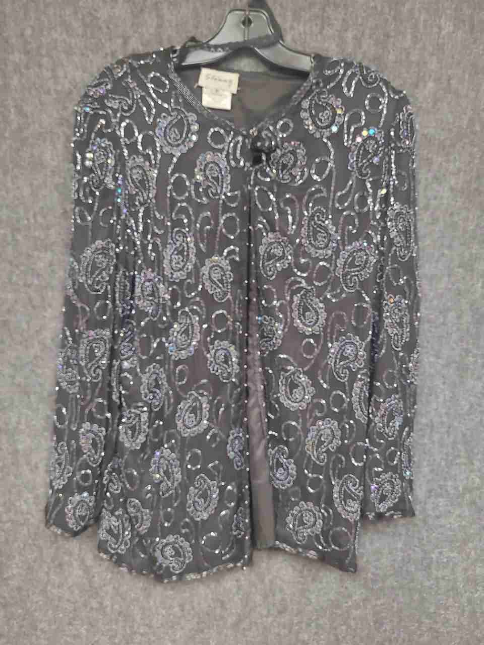 Vintage 90s Stenay Women's Black Paisley Heavy Beaded Sequin Evening Jacket Sz M