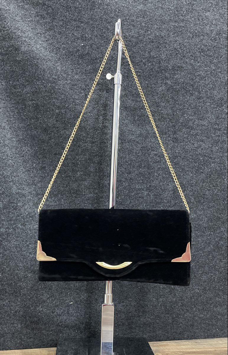 Black Fabric Envelope Clutch Crossbody Bag Gold Tone Hardware Chain Strap