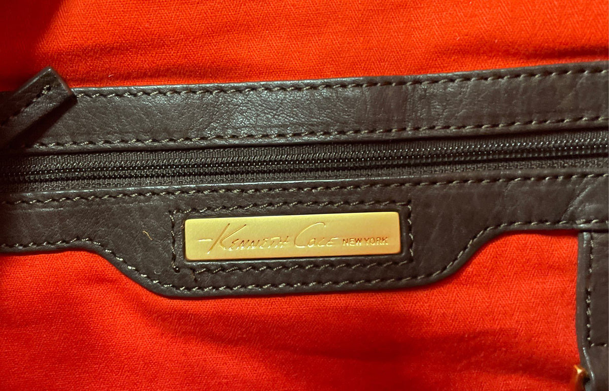 Kenneth Cole New York Brown Leather Foldover Crossbody Shoulder Bag Large Gold