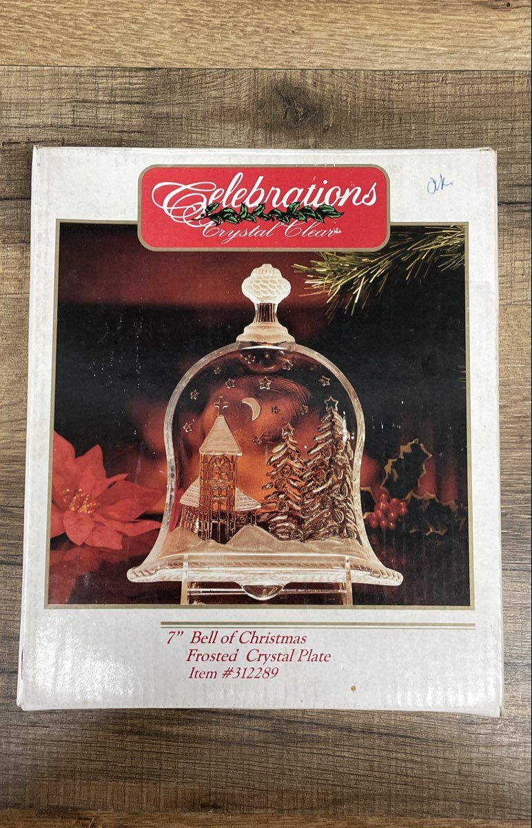 Celebrations Bell of Christmas Frosted Crystal Plate 7" Vintage Church Scene IOB