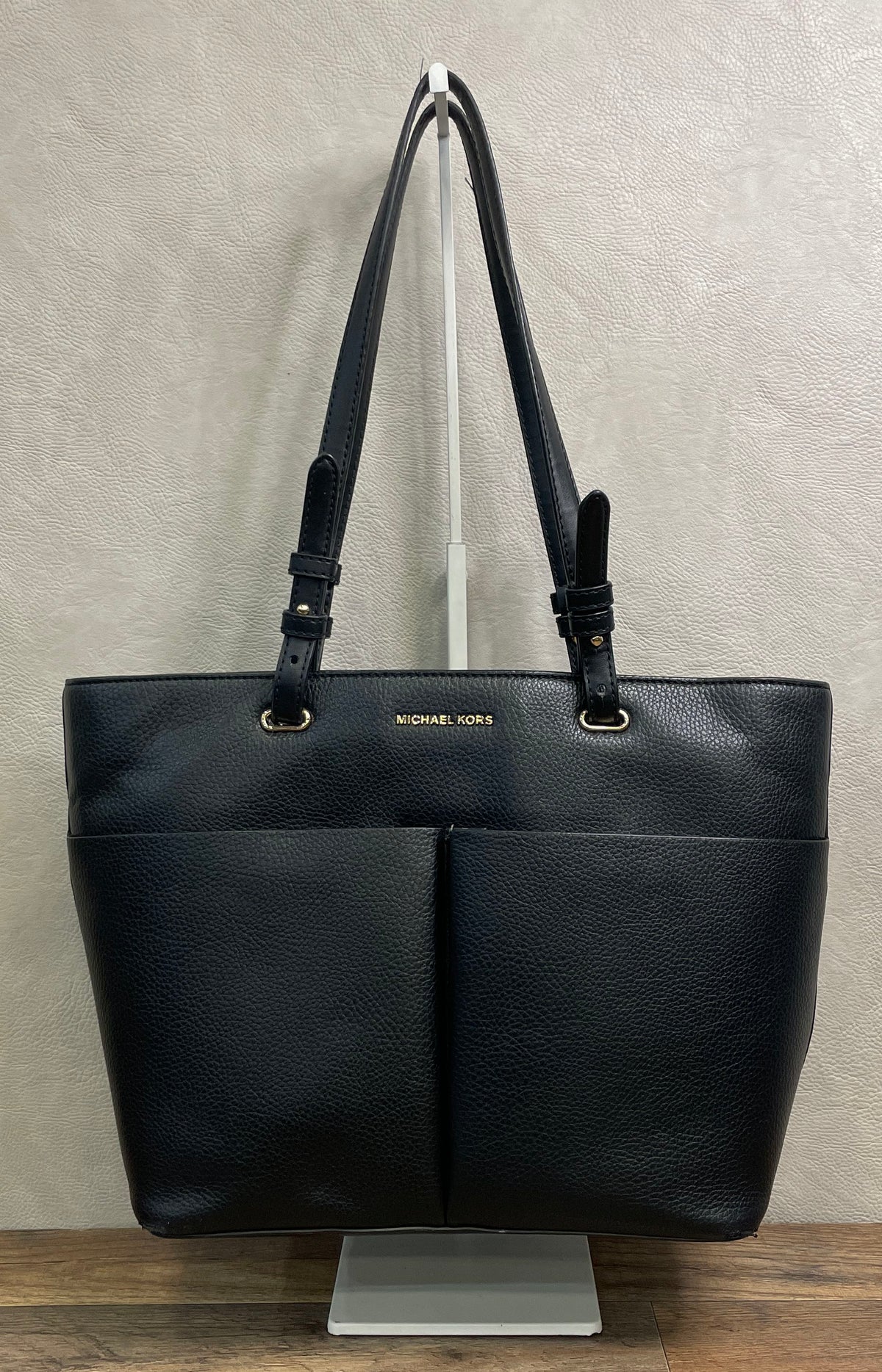 Michael Kors Black Pebbled Leather Charlotte Tote Bag Gold Hardware