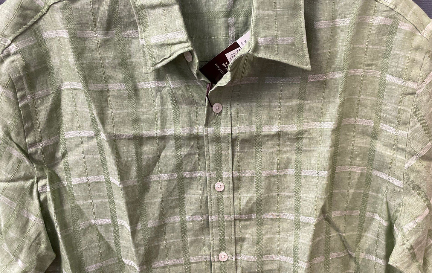 Perry Ellis Men's Green Principles Tendril Plaid Linen Blend Shirt NWT L