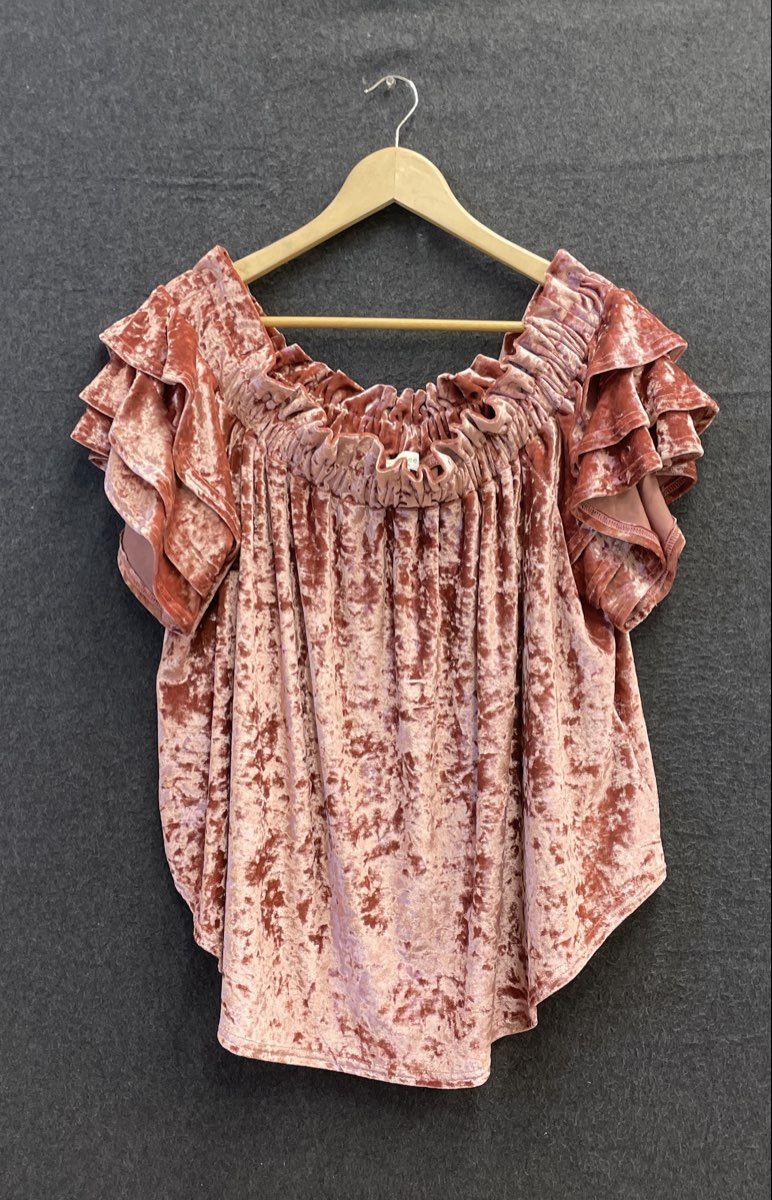 Umgee Women's Mauve Crushed Velvet Off-the-Shoulder Ruffle Sleeve Top Sz XL