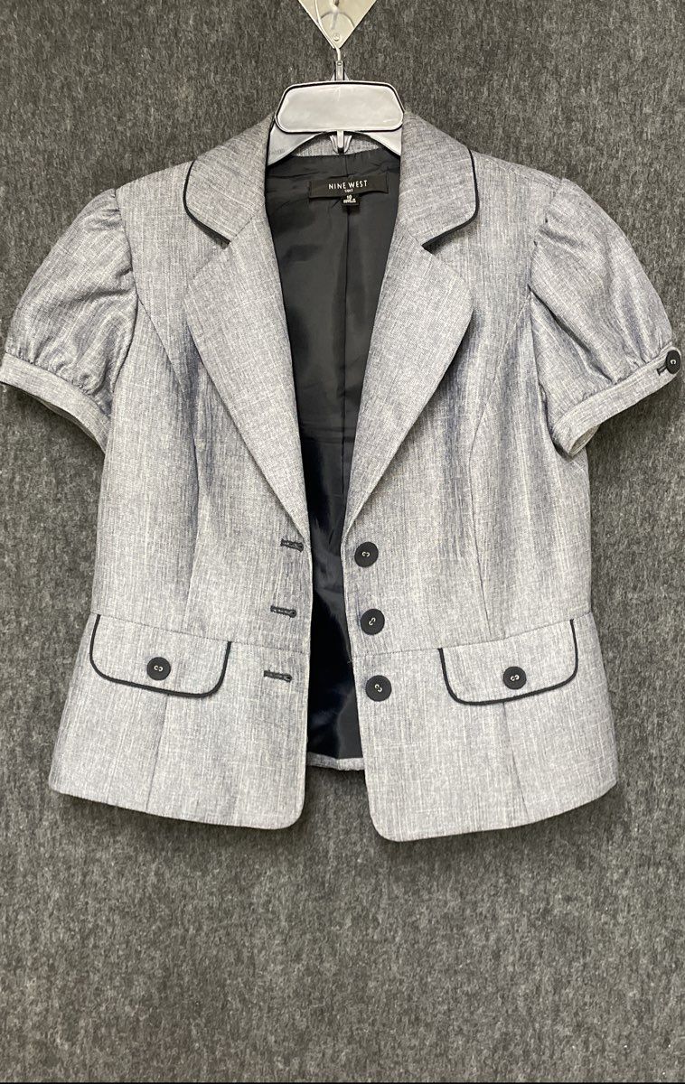 Nine West Women's Gray Puff Shoulder Peplum Suit Jacket Blazer Sz 10