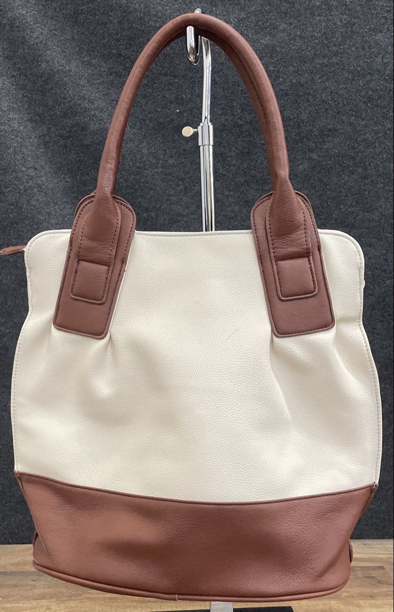 White Brown Leather Two-Tone Tote Shoulder Bag Gold Buckle Detail