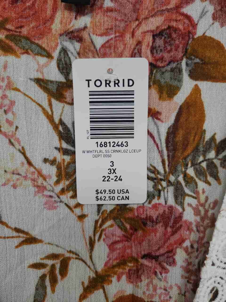 Torrid Women's White Floral Crinkle Gauze Lace Up Crochet Trim Blouse NWT Sz 3X