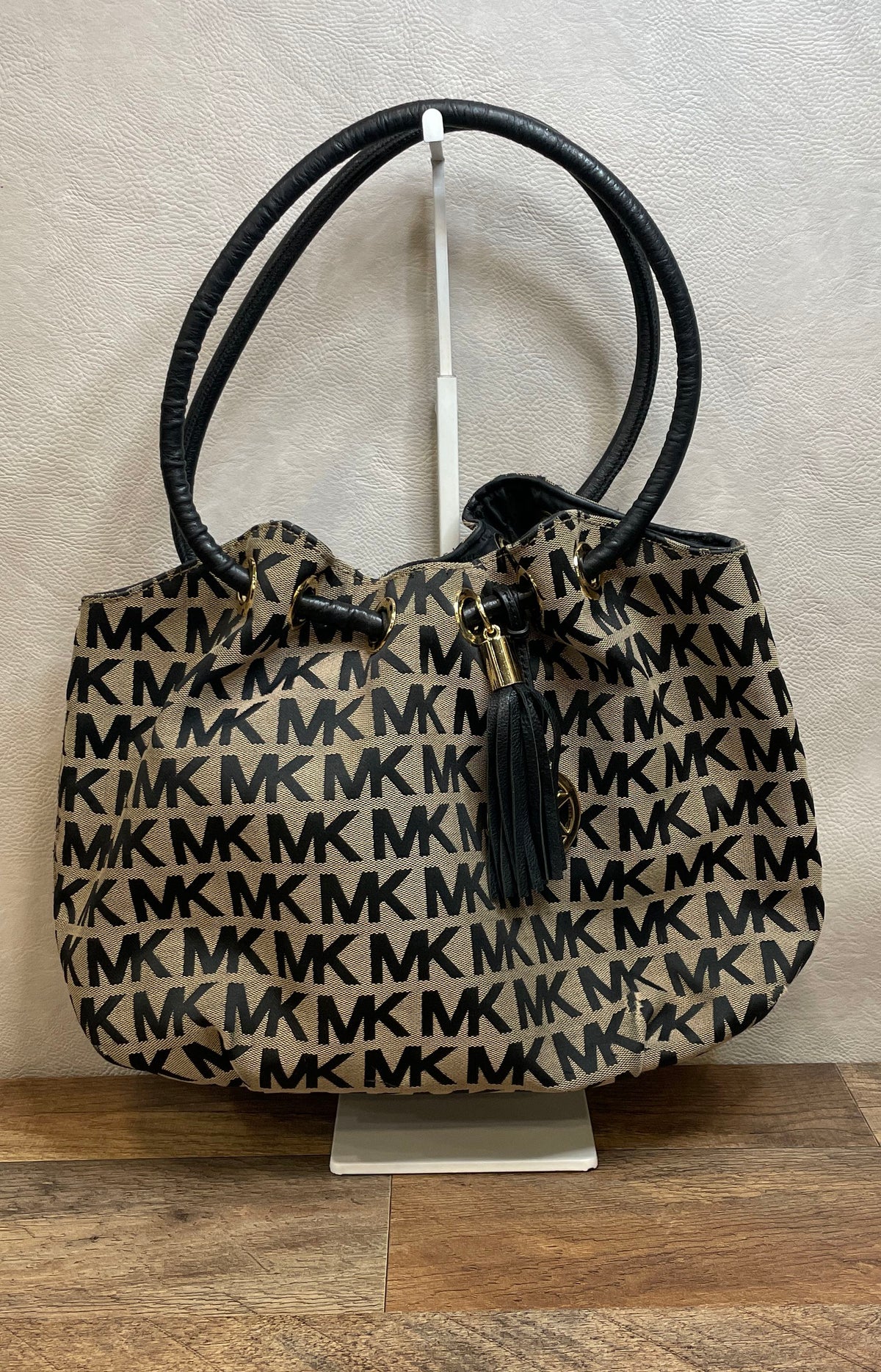 Michael Kors Black Beige Signature MK Monogram Canvas Tote Shoulder Bag