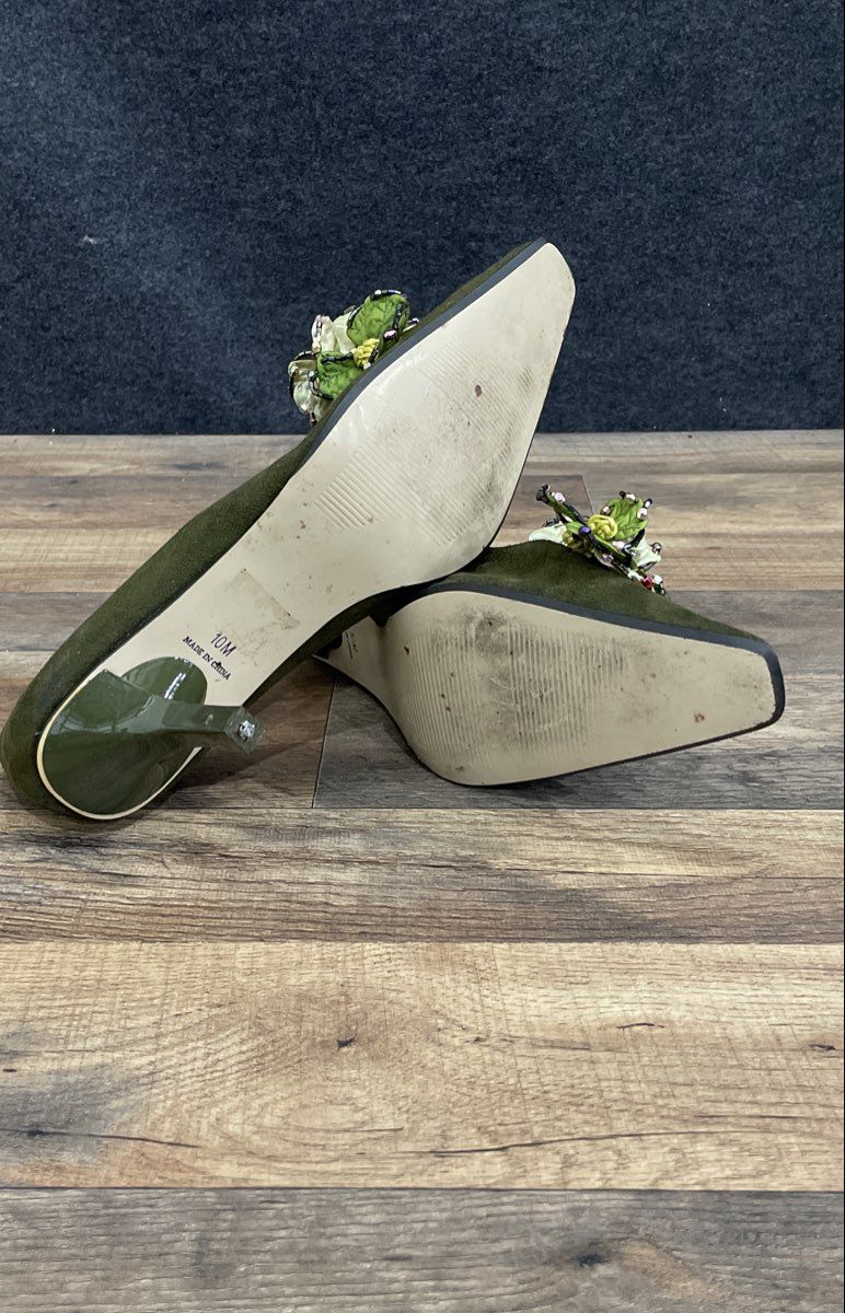 Jamie Nicole Olive Green Floral Beaded Pointed Toe Heels Pumps Women's Size 10M