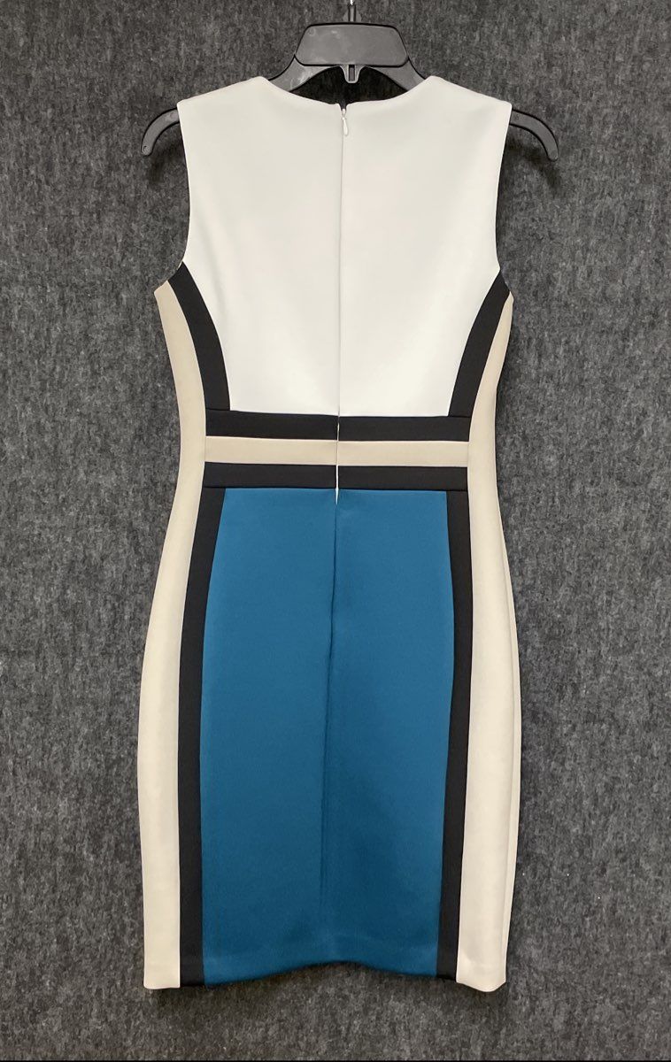 Calvin Klein Women's Color-Block Sheath Dress White Blue Black Sleeveless Sz 4