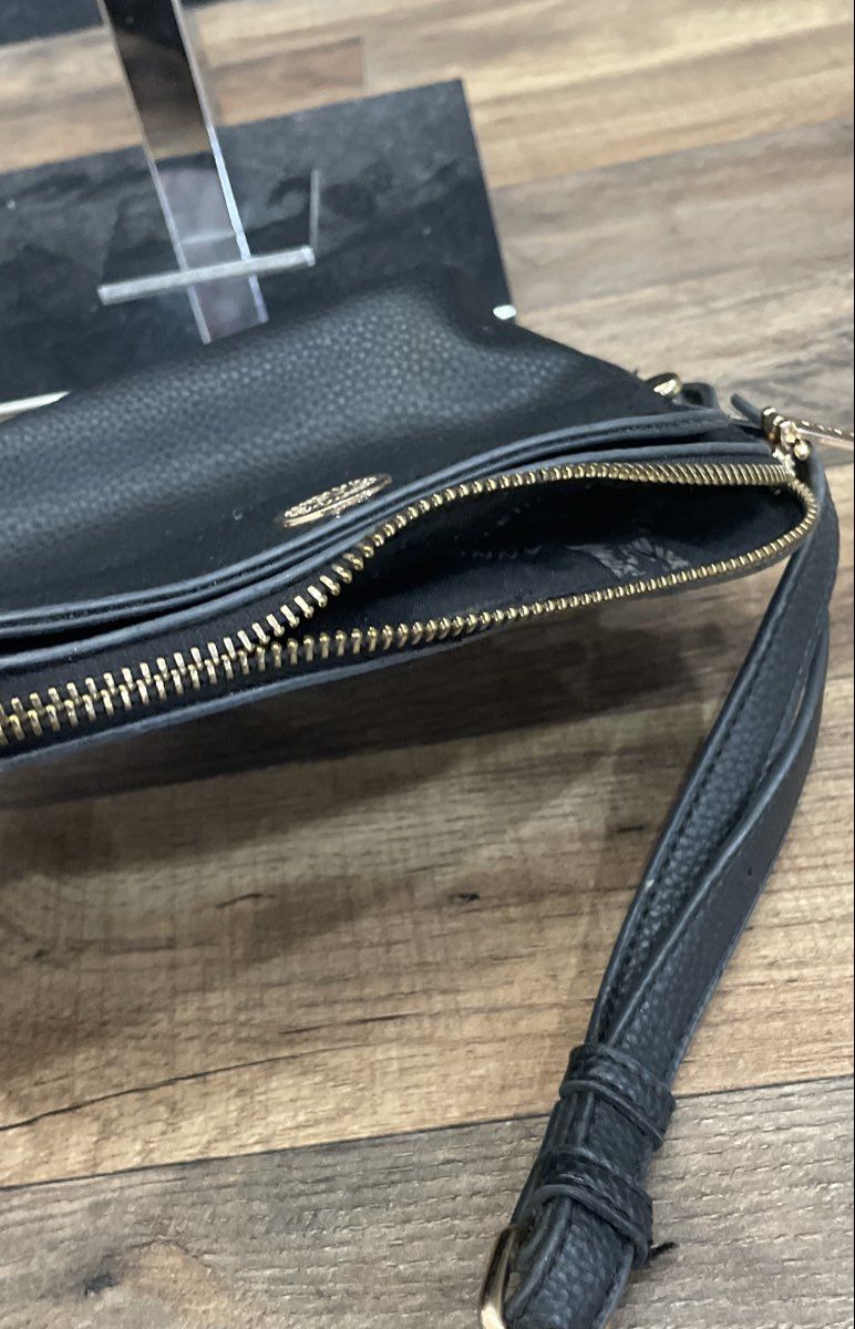 Anne Klein Black Pebbled Crossbody Bag Gold Tone Hardware Dome Top