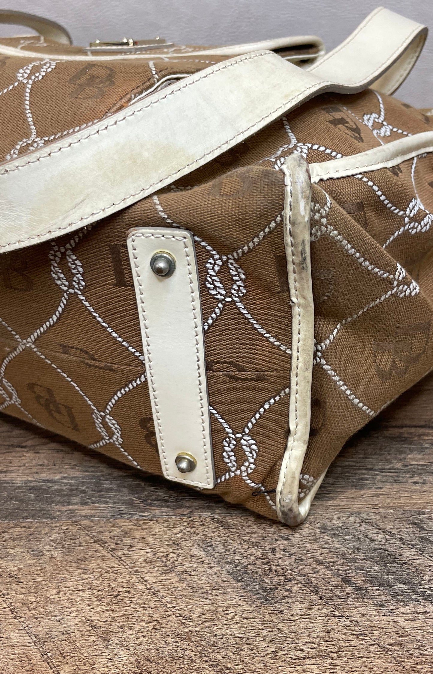 Vintage Dooney & Bourke Brown White Signature Canvas Satchel Shoulder Bag