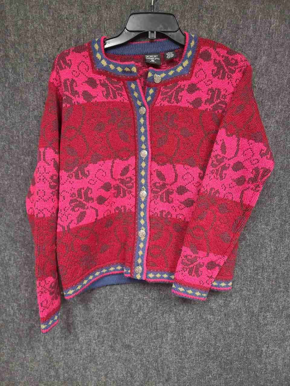 Vintage Nordic Design Women's Red Pink Wool Cardigan Sweater Petite Small PS