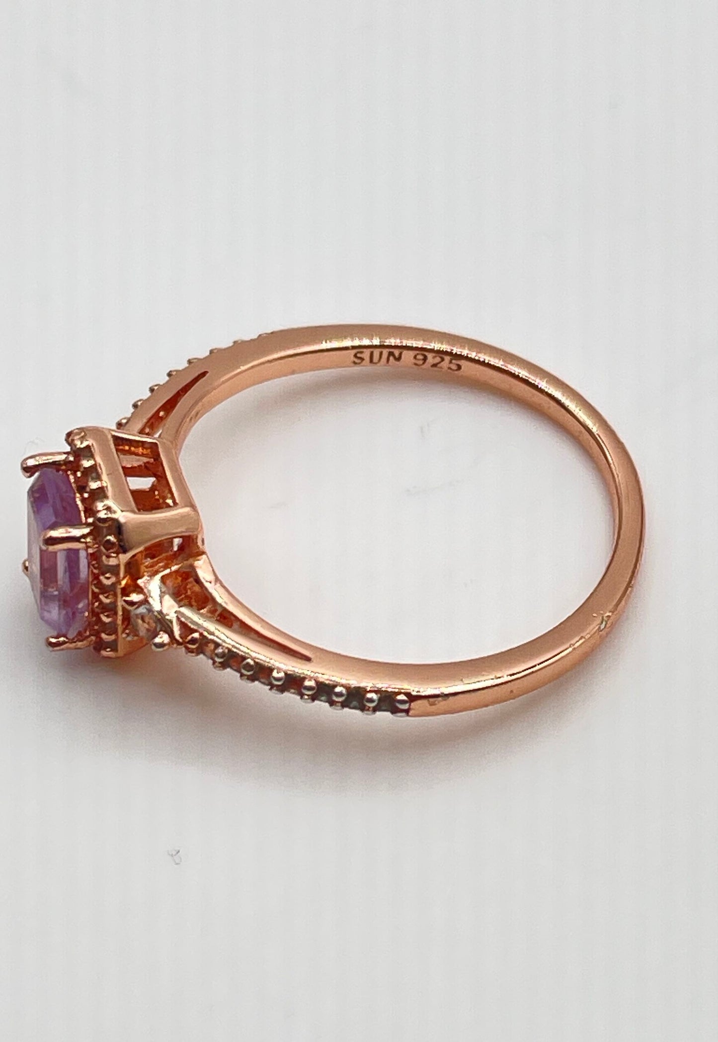Rose Gold Plated 925 Sterling Silver Amethyst Ring w/ Diamond Accents 1.8g