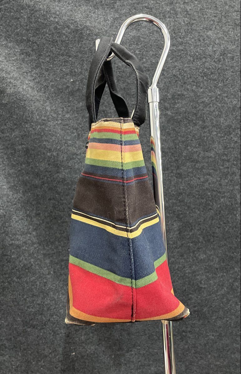 Pristine Multicolored Striped Canvas Tote Handbag Double Handle Footed Base