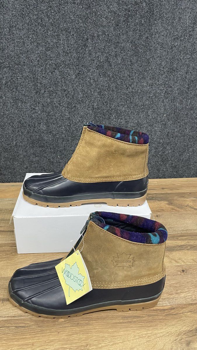 Woodstock Blaze Tan Navy Front-Zip Duck Boots Men's Size 11 NWT