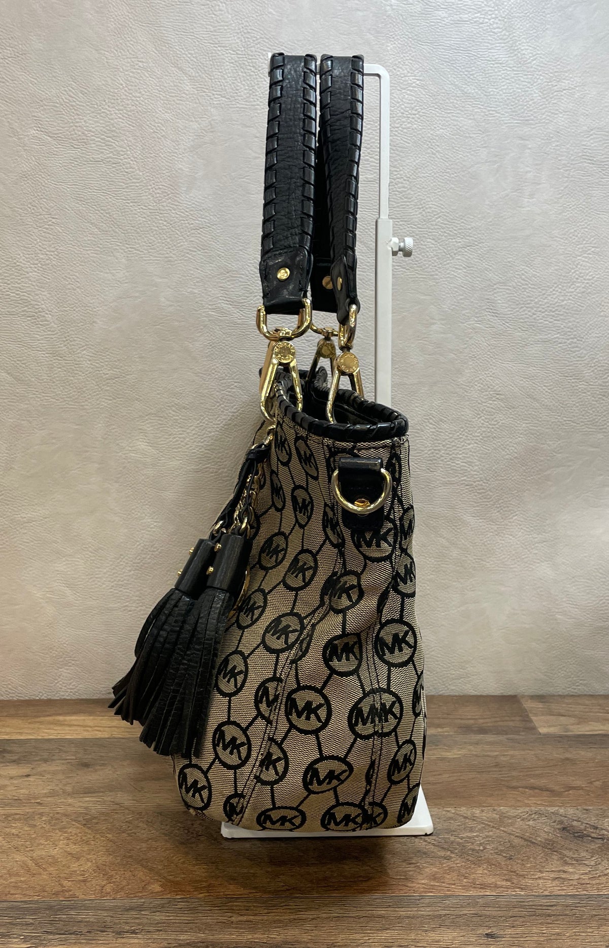 Michael Kors Beige Black Monogram Canvas Shoulder Bag Gold Tassel Braided Handle