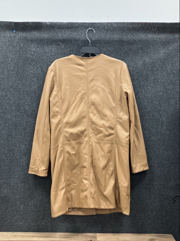 Calvin Klein Women's Tan Faux Leather Collarless Button Front Jacket Sz M