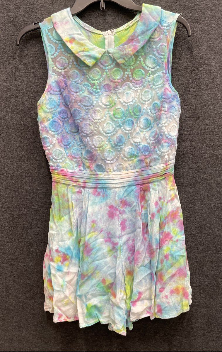 Mustard Seed Women's Pastel Tie Dye Embroidered Bodice Collared Romper Sz M
