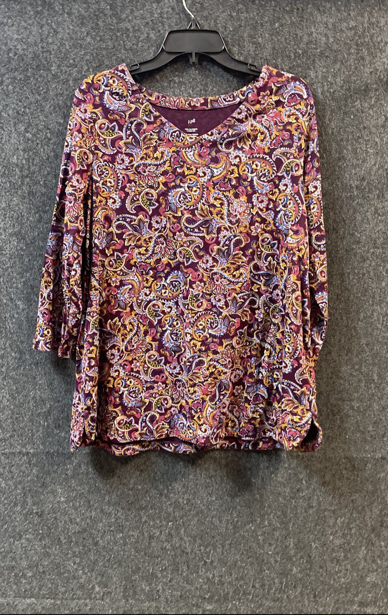 J.Jill Women's Pima Cotton V-Neck 3/4 Sleeve Paisley Print Tee Purple XL Tall