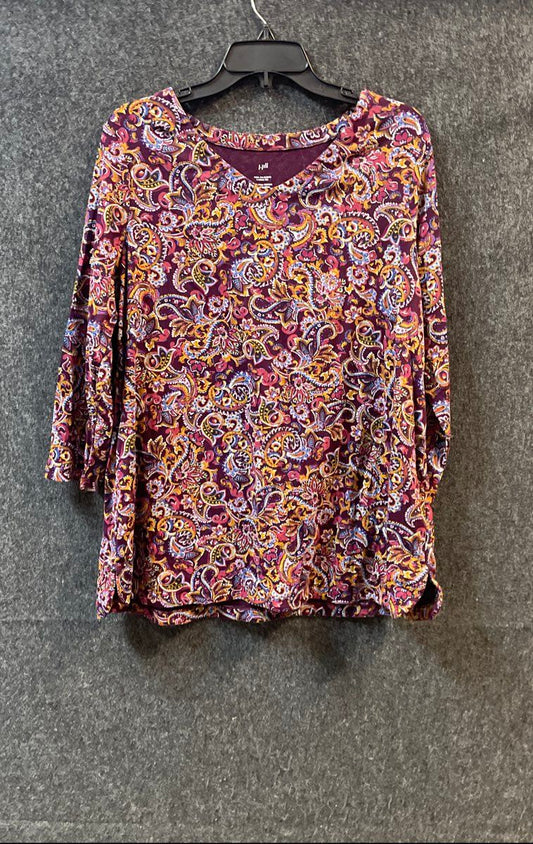 J.Jill Women's Pima Cotton V-Neck 3/4 Sleeve Paisley Print Tee Purple XL Tall