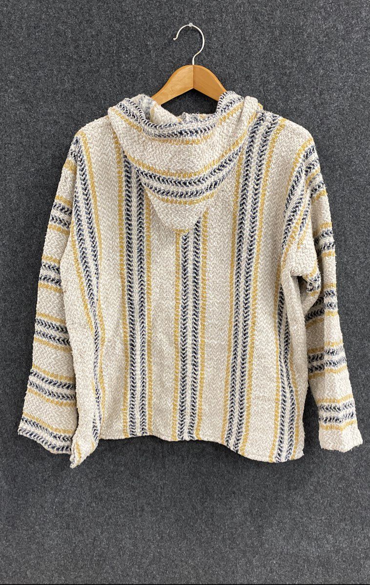Baja Joe Men's Mexican Jerga Hoodie Cream Yellow Blue Striped Pullover Sz L