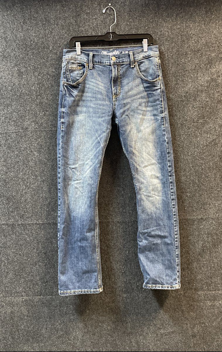 Wrangler Men's Retro Slim Boot Blue Distressed Faded Denim Jeans Sz 30x32